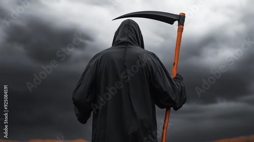 A hooded figure holding a scythe standing against a dark, stormy sky, often associated with the Grim Reaper or a death symbol.