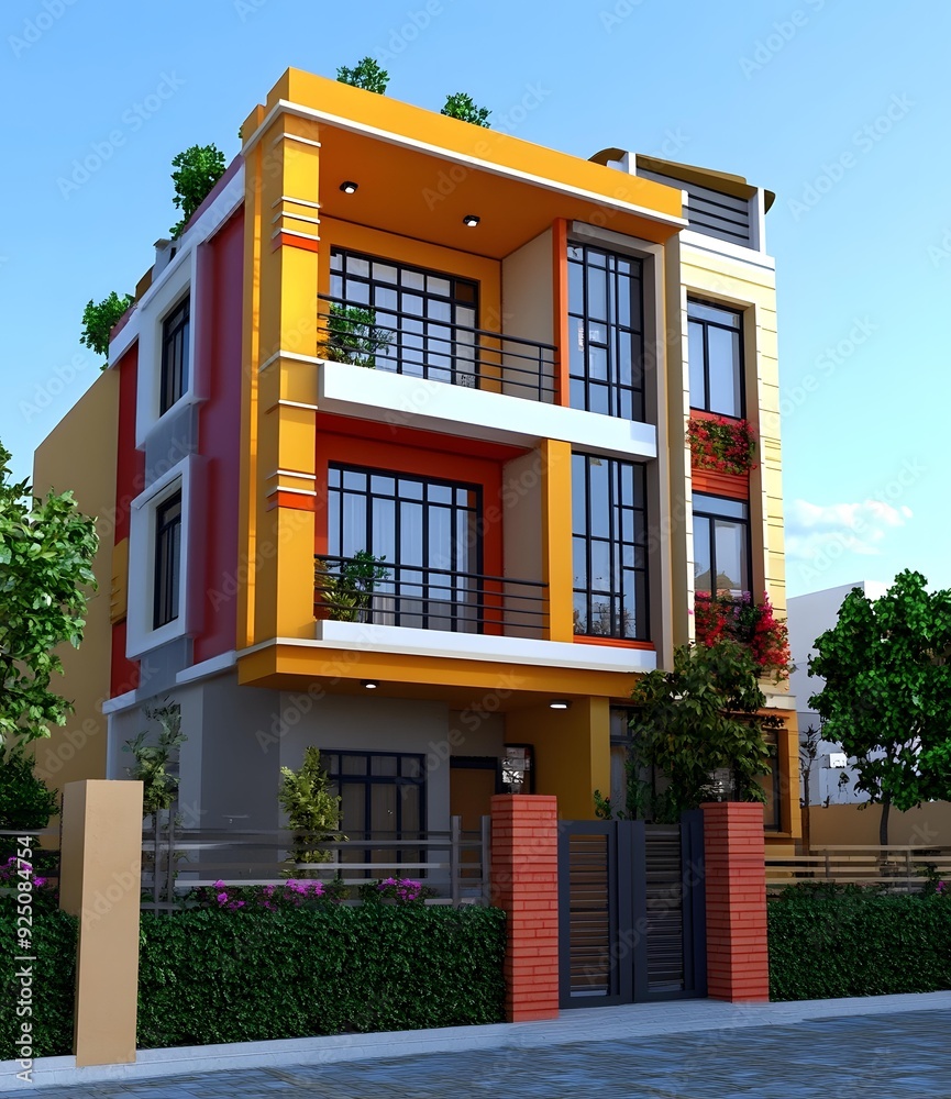 Fototapeta premium Modern Yellow House With Balcony And Green Bushes