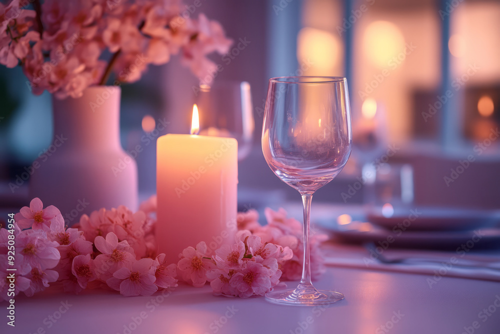 A candlelit dinner setup with wine glasses, isolated on a pastel pink background, representing romantic moments, A candlelit dinner setup with wine glasses, isolated on a pastel pink background, representing romantic moments,