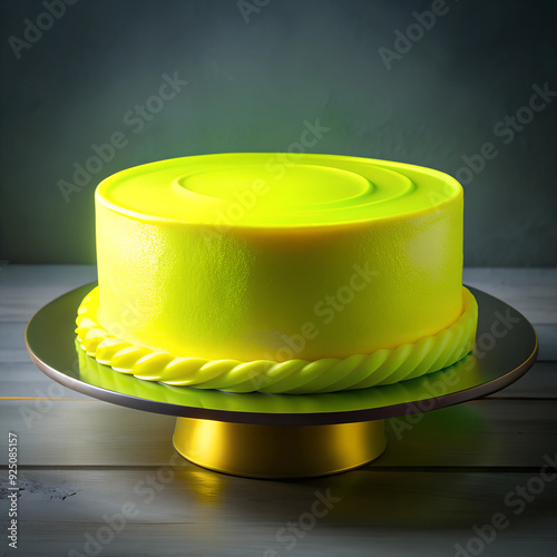 cake, covered with neon yellow mastic, the mastic on the cake glows with neon light, smooth mastic without decoration, the cake stands on a flat gray plate, photorealism photo