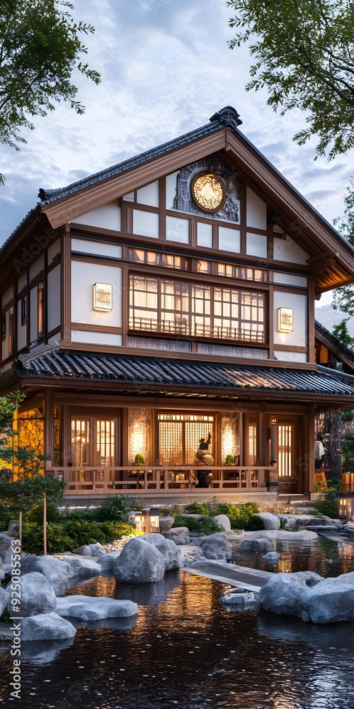 Traditional Japanese Architecture with Garden and Pond Traditional Japanese Architecture with Garden and Pond