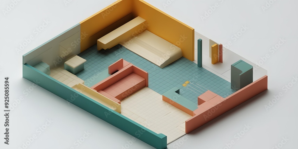 Minimalist Interior Design 3D Rendering of a Modern Office Space with Colorful Walls and Geometric Furniture Minimalist Interior Design 3D Rendering of a Modern Office Space with Colorful Walls and Geometric Furniture