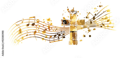 Vibrant Christian cross with musical notes stave isolated. Vector illustration. Religion themed design for Christianity, church service, communion and celebrations. Church choir background	
