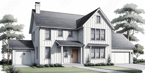 Detailed and realistic architectural sketch of a two-story scandinavian style house isolated hand rendering in ink