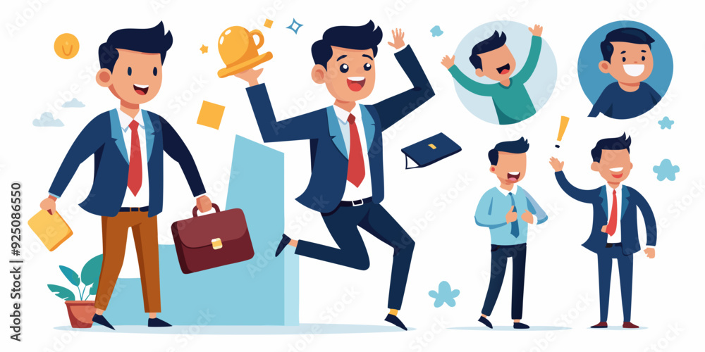 Set of character a businessman in different situations. The man is shocked, goes to work, happy and jumped
Set of character a businessman in different situations. The man is shocked, goes to work, happy and jumped