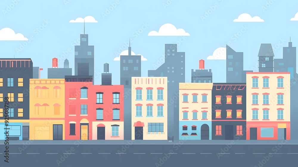 Cityscape Illustration with Colorful Buildings and Blue Sky Cityscape Illustration with Colorful Buildings and Blue Sky