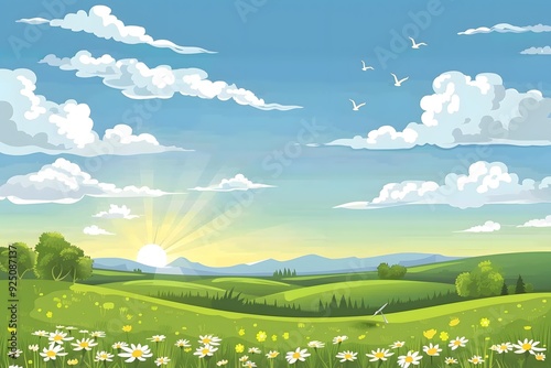 Beautiful Landscape With Green Fields And White Clouds