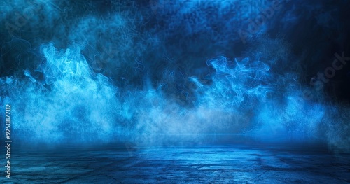 Abstract dark background with blue smoke and fog on asphalt floor night scene for product 