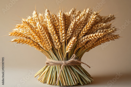 A bundle of wheat stalks tied with twine, isolated on a pastel cream background, symbolizing the harvest,