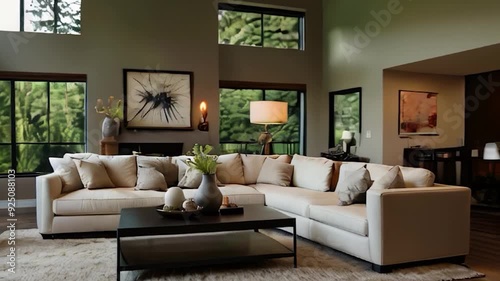 Wallpaper Mural Modern living room with sectional sofa, large windows, and wood floors Torontodigital.ca