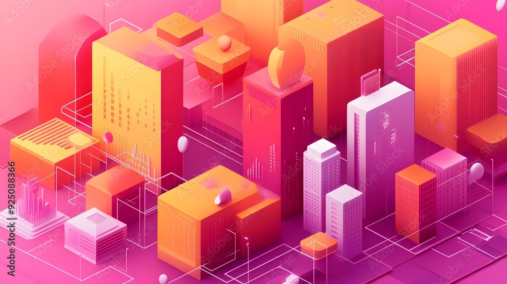 Abstract 3D Cityscape with Pink and Orange Buildings