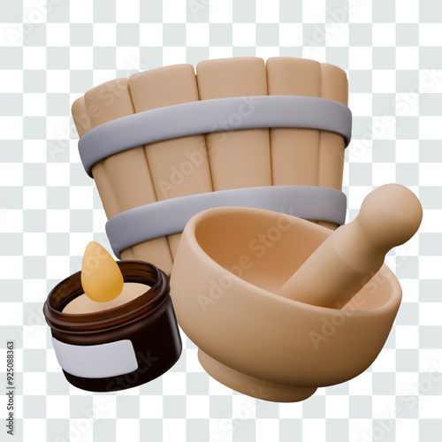 Wooden round tub, mortar and pestle, aroma candle in jar