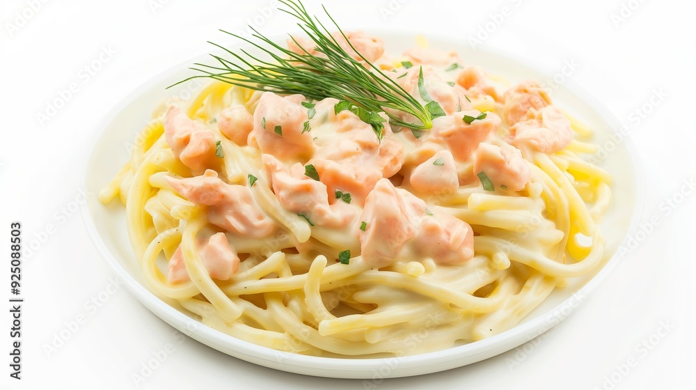 Creamy salmon pasta with dill garnish on white plate Creamy salmon pasta with dill garnish on white plate