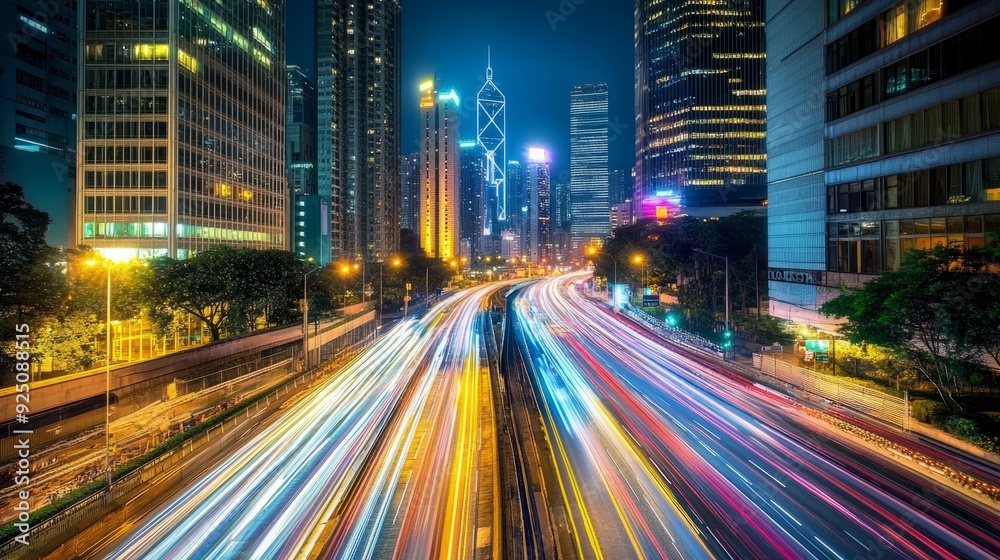 Night Lights of the Metropolis: Vibrant Cityscape with Long Exposure Trails Night Lights of the Metropolis: Vibrant Cityscape with Long Exposure Trails