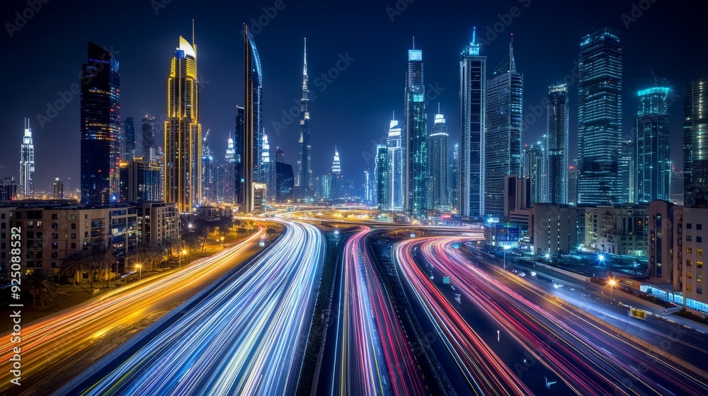 Fototapeta premium Nighttime Metropolis: Vibrant Cityscape with Long Exposure Light Trails