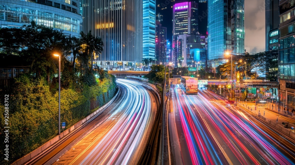 Obraz premium Nighttime Cityscape: Neon Lights and Long Exposure Trails