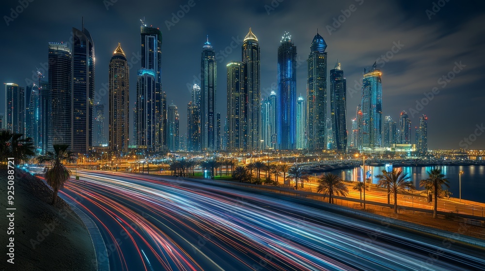 Obraz premium Night Lights of a Modern Cityscape: Long Exposure Photography Captures Urban Energy