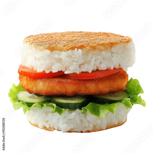 Delicious rice burger featuring a crispy fish cutlet with fresh vegetables