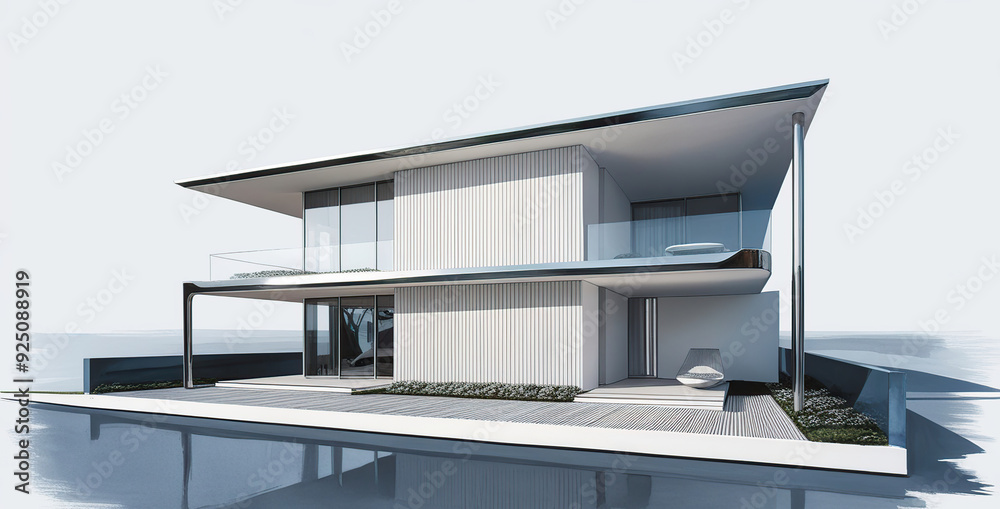 Detailed and realistic architectural sketch of a modern minimalist style two-story house isolated hand rendering with ink
