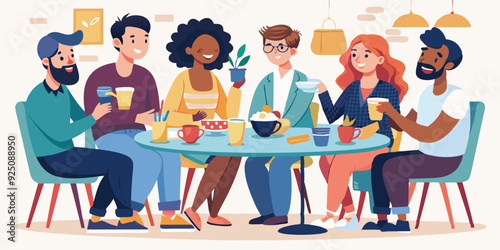 Happy friends sit in a cafe or at home, at the table, eat, drink and communicate. Meeting colleagues or buddies
