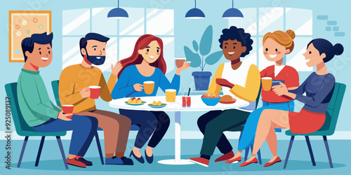 Happy friends sit in a cafe or at home, at the table, eat, drink and communicate. Meeting colleagues or buddies
