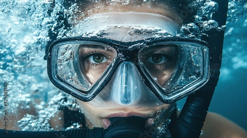 Female scuba diver underwater. Woman in scuba diving mask in water. copy space for text.