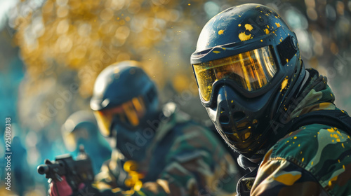 Group of players in paintball match.
