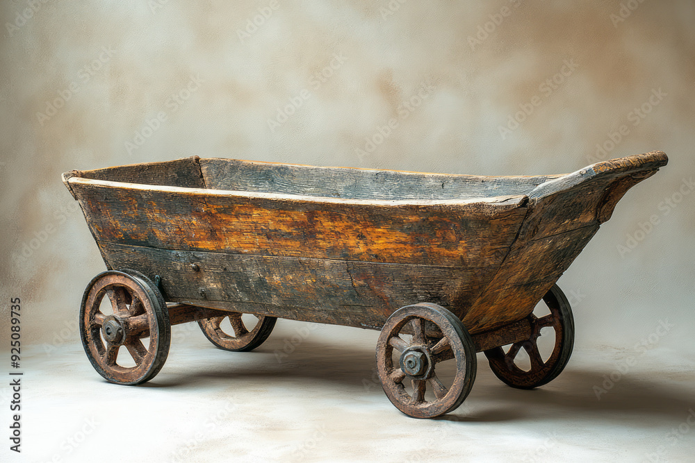 A rustic wooden wheelbarrow, isolated on a pastel cream background, representing hard work and transport on the farm, A rustic wooden wheelbarrow, isolated on a pastel cream background, representing hard work and transport on the farm,