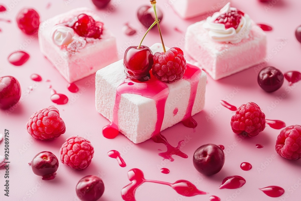 Raspberry and cherry dessert topped with mint leaves Raspberry and cherry dessert topped with mint leaves