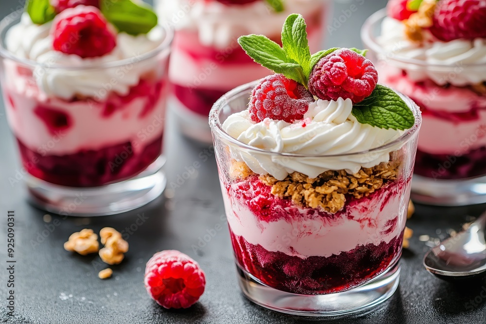 Layered Dessert with Whipped Cream and Fresh Raspberries Layered Dessert with Whipped Cream and Fresh Raspberries