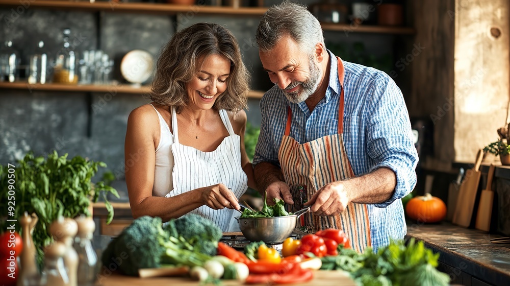 Middle aged couple cooking vegetables together in the kitchen. copy space for text. Middle aged couple cooking vegetables together in the kitchen. copy space for text.