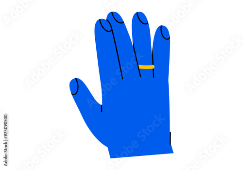 Hand drawn cute cartoon illustration hand with golden wedding ring. Flat vector engagement ring on arm sticker doodle. Propose and marriage. Valentine's Day and love icon. Vow and promise. Isolated.
