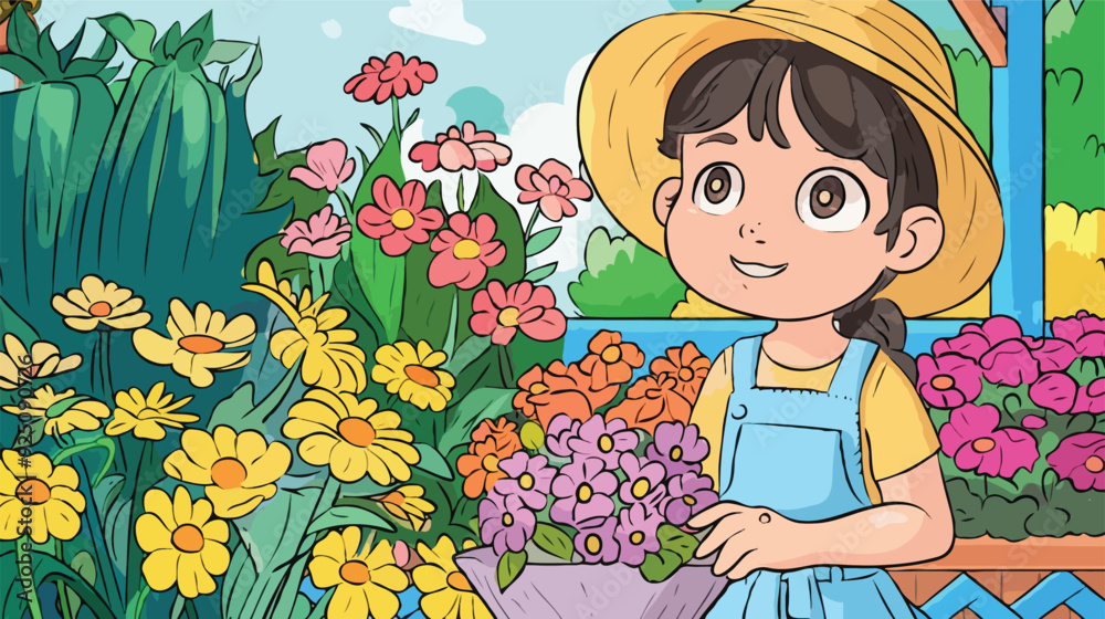 coloring page simple drawing of cartoon character in the flowers shop, coloring book coloring page simple drawing of cartoon character in the flowers shop, coloring book