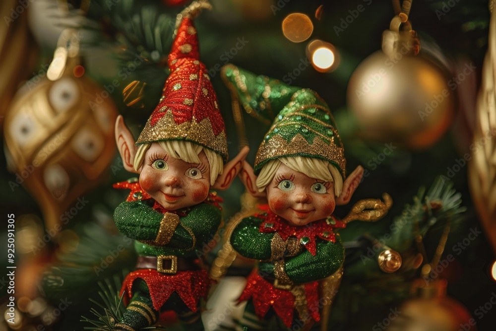 Two christmas elves posing on a christmas tree with ornaments and lights, spreading christmas cheer Two christmas elves posing on a christmas tree with ornaments and lights, spreading christmas cheer