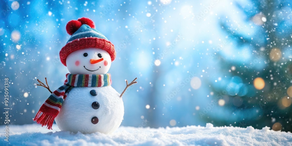 Cheerful snowman standing in a winter wonderland, snow, snowman, winter, holiday, Christmas, festive, white, cold, scarf, hat Cheerful snowman standing in a winter wonderland, snow, snowman, winter, holiday, Christmas, festive, white, cold, scarf, hat