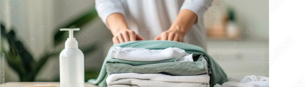 A person organizes freshly laundered towels on a table, creating a tidy and inviting atmosphere in a modern home. A person organizes freshly laundered towels on a table, creating a tidy and inviting atmosphere in a modern home.