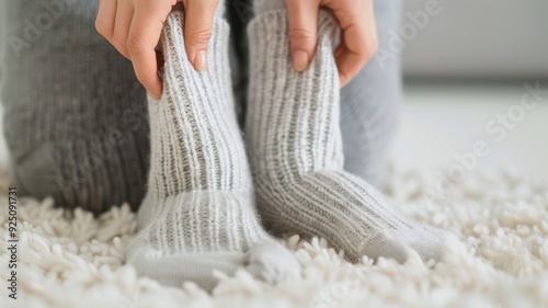 Cozy scene featuring a person putting on soft, grey socks while relaxing on a plush rug in a comfortable living space. photo