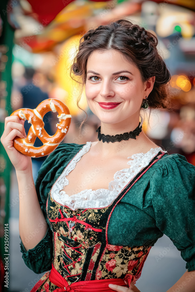 Woman in Traditional Bavarian Costume Holding Pretzel at Oktoberfest. A young woman with fair skin and dark braided hair smiles while holding a pretzel during the lively festival.
Woman in Traditional Bavarian Costume Holding Pretzel at Oktoberfest. A young woman with fair skin and dark braided hair smiles while holding a pretzel during the lively festival.
