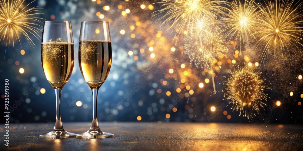 Champagne glasses on New Year's Eve with golden sparkles and fireworks , champagne, glasses, New Year's Eve, celebration Champagne glasses on New Year's Eve with golden sparkles and fireworks , champagne, glasses, New Year's Eve, celebration