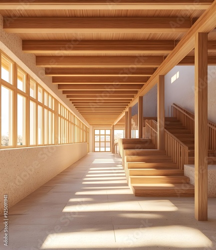 Wooden Corridor with Natural Light and Staircase