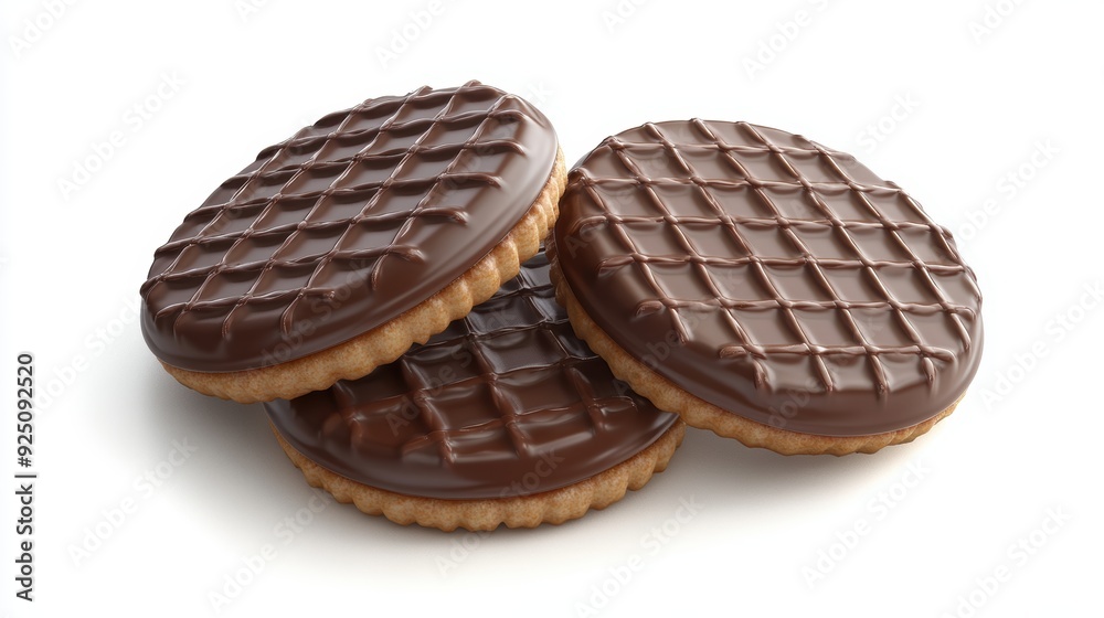 Three chocolate cookies with a pattern on them Three chocolate cookies with a pattern on them