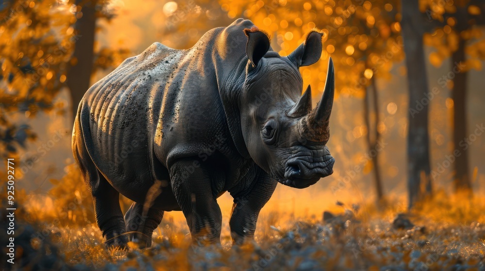 A majestic rhino walks through the vibrant colors of a seasonal forest, A majestic rhino walks through the vibrant colors of a seasonal forest,