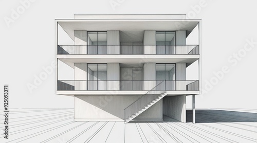 Detailed and realistic architectural sketch of a modern minimalist style two-story house isolated hand rendering with ink