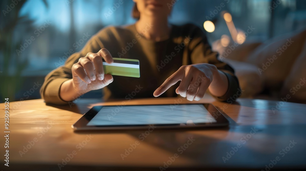 A woman holding a credit card and using a tablet for online shopping at home, engaging in a retail payment, digital purchase, online shopping A woman holding a credit card and using a tablet for online shopping at home, engaging in a retail payment, digital purchase, online shopping