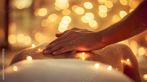 Relaxing massage session with warm glowing candlelight creating a tranquil serene and rejuvenating spa like atmosphere for self care wellbeing and pampering  Soft