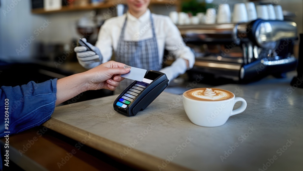Customers paying with a credit card at the counter of an afternoon coffee shop, completing a transaction, coffee shop setting, payment counter Customers paying with a credit card at the counter of an afternoon coffee shop, completing a transaction, coffee shop setting, payment counter