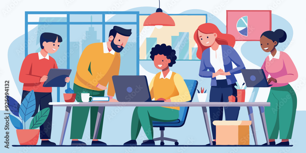 Obraz premium Colleagues of company are discussing the project in the office. Teamwork. Brainstorm