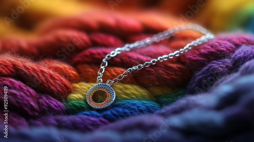 Rainbow keepsake necklace on colorful knitted fabric, symbolizing hope and remembrance for a rainbow baby. photo