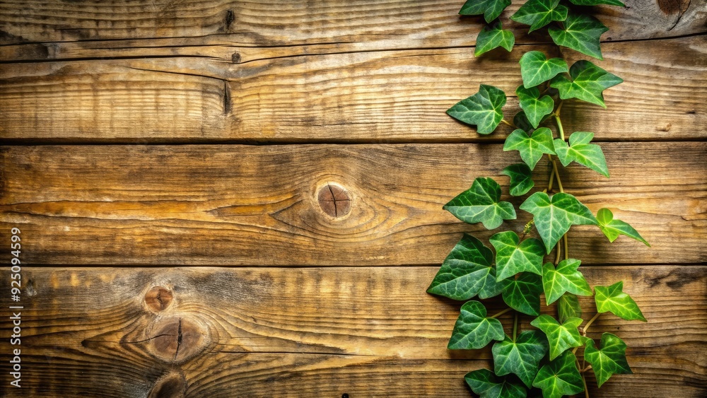 Fototapeta premium Ivy climbing up a rustic wood background, nature, plant, green, growth, vine, foliage, organic, texture, background, rustic