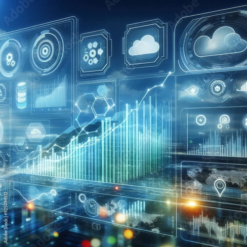 An illustration of business process automation concept  showcasing graphs for distribution analysis and consumption monitoring in a high-tech digital environment 